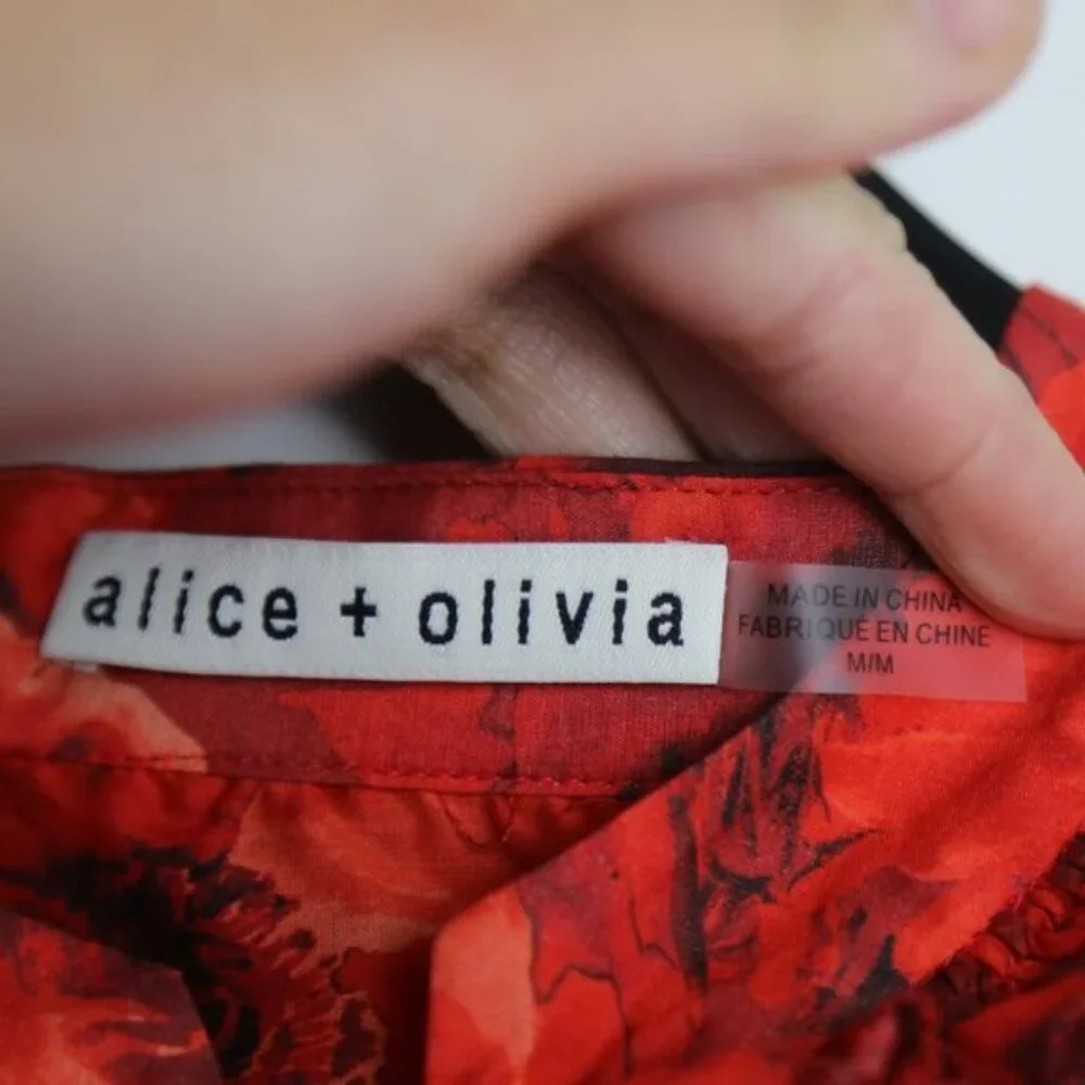 Alice + Olivia Bette Silk Cotton Ruffle Tie Blouse Floral Red Size Medium - Picture 4 of 8